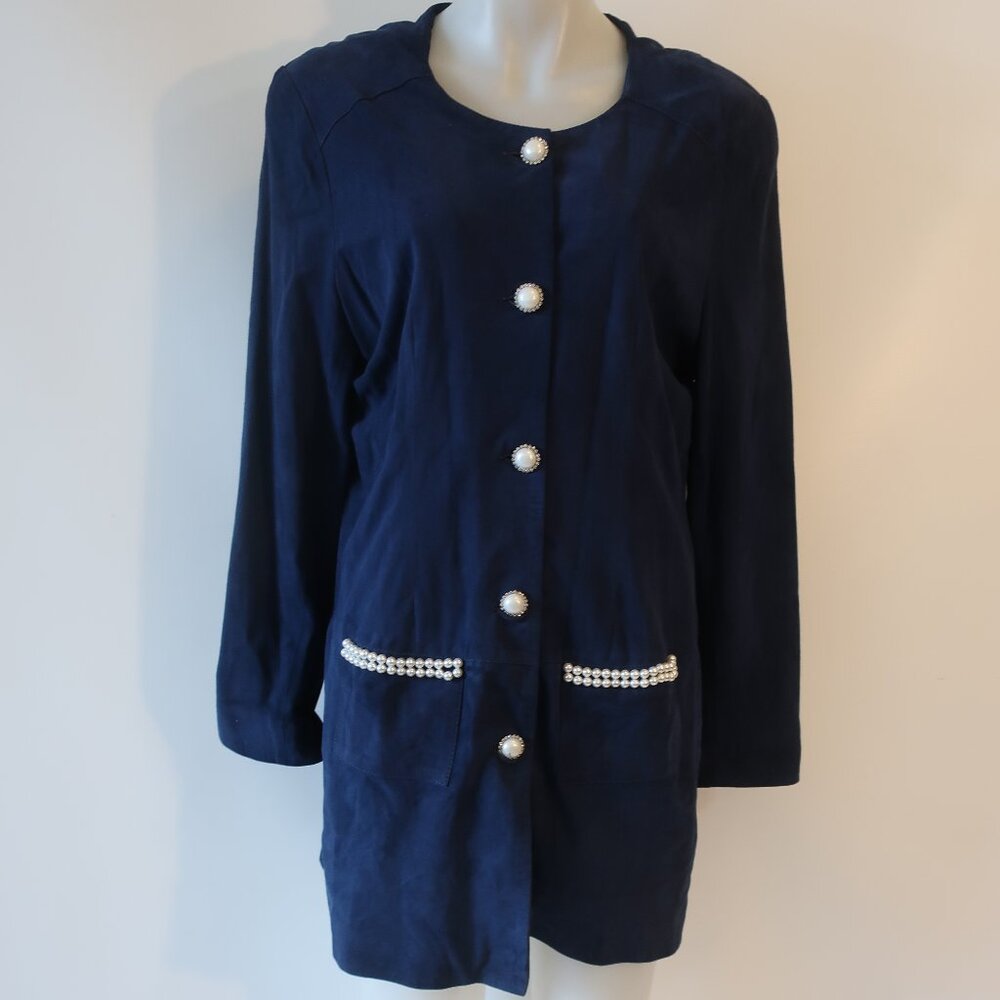 Womens In Transit 2 Blue Suede Blazer W/Pearl Rhinestone Buttons XL